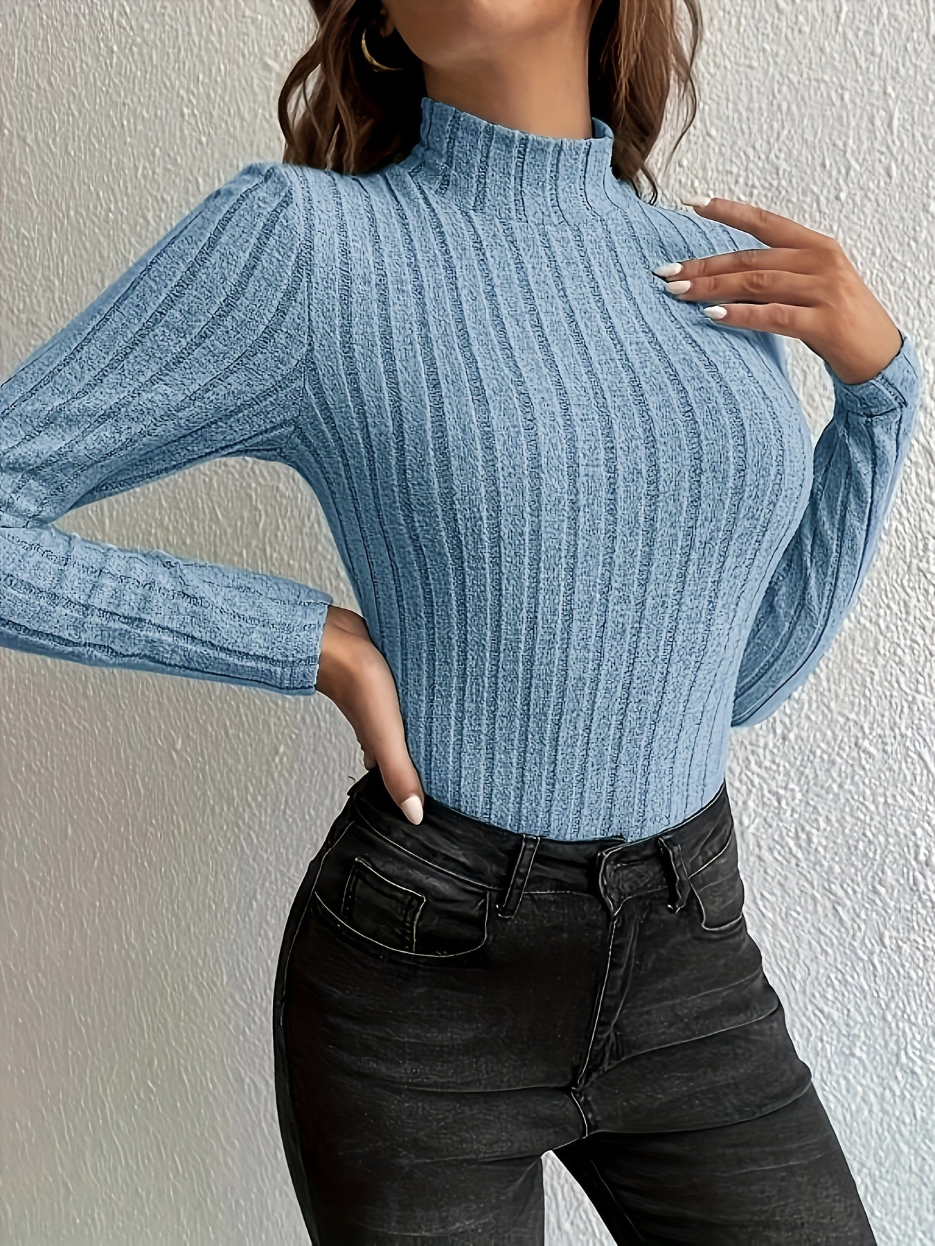 gbolsos  Solid Turtleneck Knit Top, Elegant Slim Long Sleeve Sweater For Spring & Fall, Women's Clothing