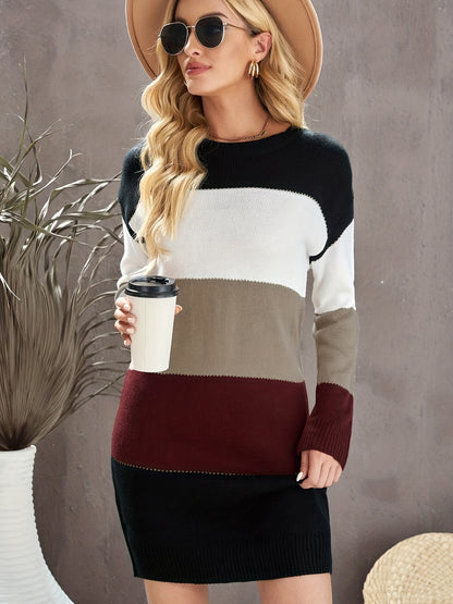 gbolsos   Plus Size Sexy Sweater Dress, Women's Plus Colorblock Long Sleeve Round Neck Slim Fit Knitted Sweater Dress