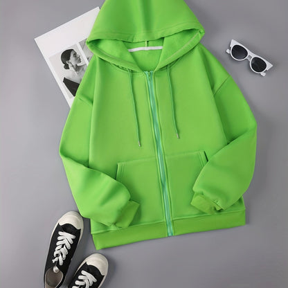 Zip Up Drawstring Hoodie, Pocket Casual Hooded Sweatshirt For Winter & Fall, Women's Clothing