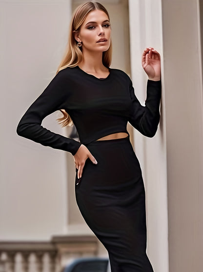 Cut Out Bodycon Dress, Sexy Crew Neck Long Sleeve Midi Dress, Women's Clothing