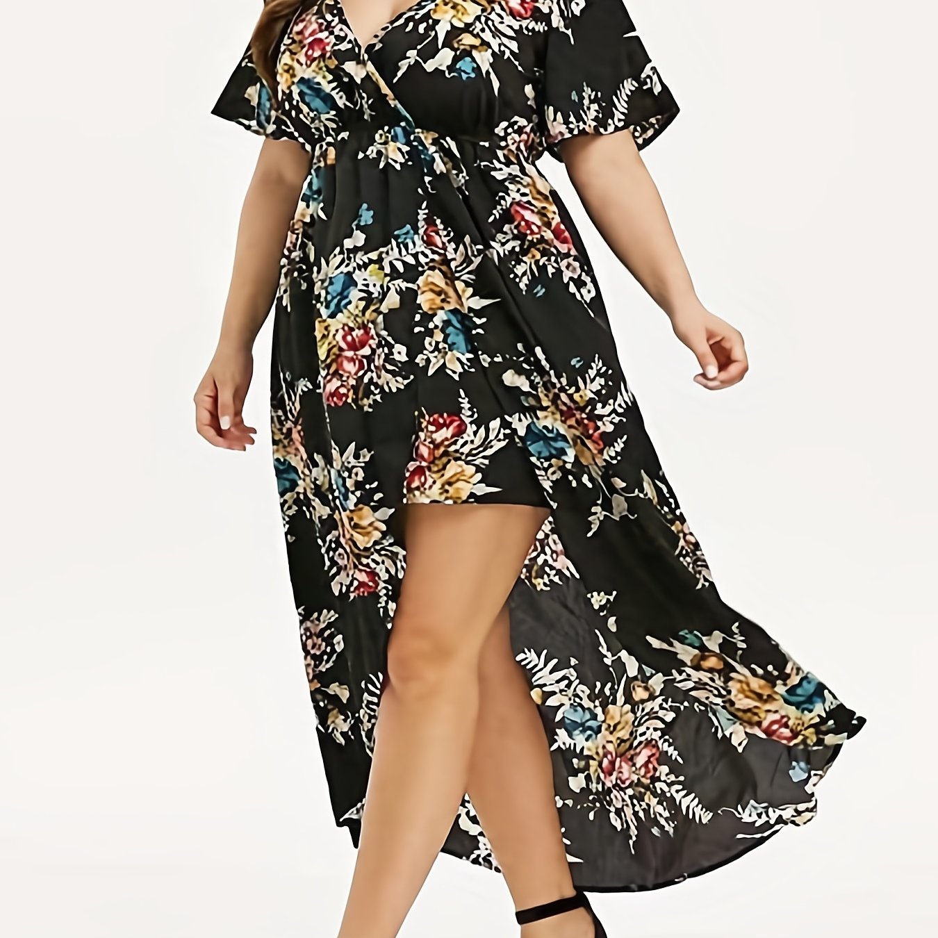 Plus Size Elegant Dress, Women's Plus Floral Print Short Sleeve V Neck Layered Hem Dress