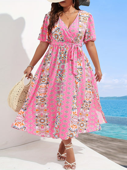 gbolsos  Plus Size Boho Dress, Women's Plus Random Print Flutter Sleeve Surplice Neck Maxi Dress With Belt