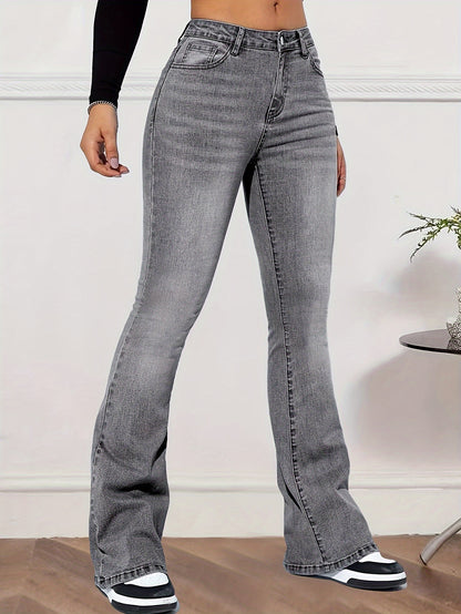 High Waist Stretchy Bootcut Jeans, Comfortable Slant Pocket Slimming Retro Denim Pants, Women's Denim Jeans & Clothing