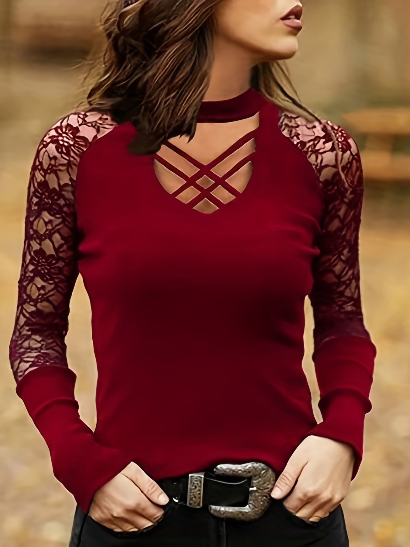 gbolsos  Lace Stitching Solid T-shirt, Sexy Criss Cross Long Sleeve Crew Neck T-shirt, Women's Clothing