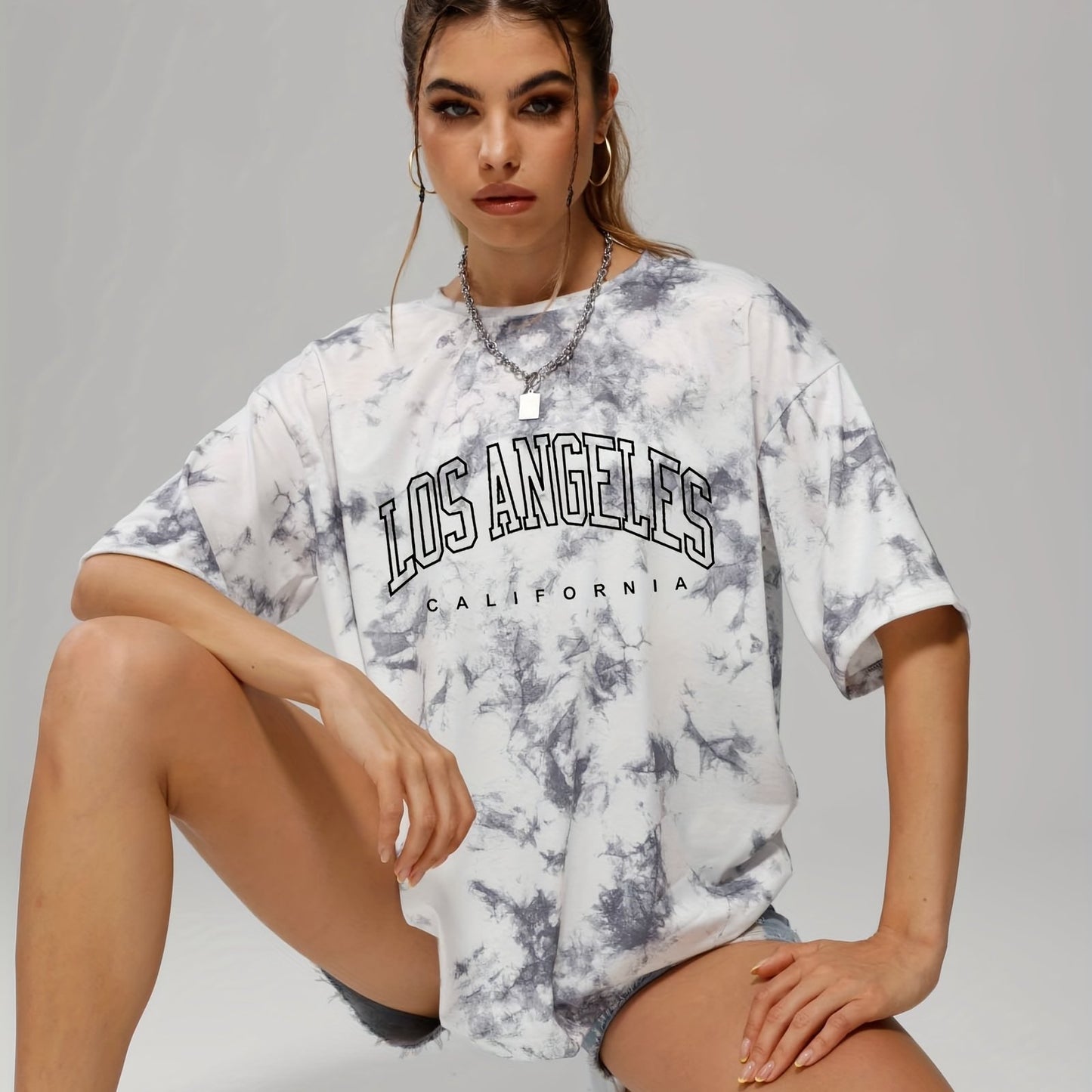 gbolsos  Tie Dye & Letter Graphic Tee, Casual Loose Crew Neck T-shirts, Women's Clothing