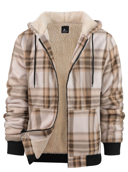 gbolsos  Warm Thick Fleece Plaid Jacket, Men's Casual Elegant Hooded Coat For Fall Winter