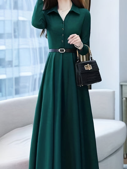 gbolsos  Solid Buttons Dress, Vintage High Waist Long Sleeve Pleated Dress, Women's Clothing