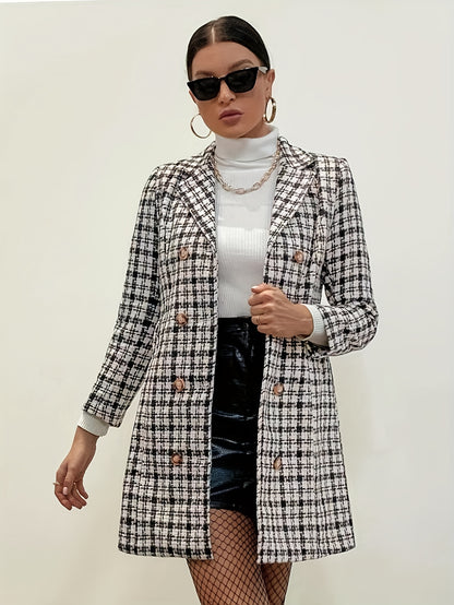 Houndstooth Print Double Breasted Coat, Elegant Long Sleeve Lapel Blazer, Women's Clothing