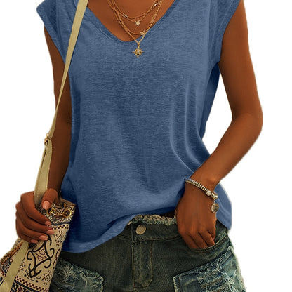 gbolsos  Solid Cap Sleeve T-shirt, Casual V Neck Comfy Summer T-shirt, Women's Clothing