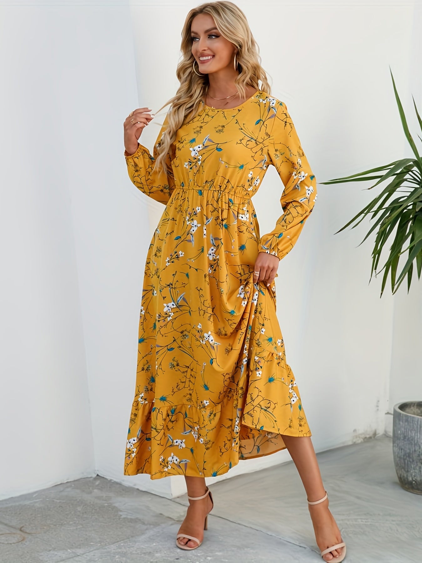 gbolsos  Floral Print Long Sleeve Tiered Dress, Crew Neck Vacation Casual Dress, Women's Clothing