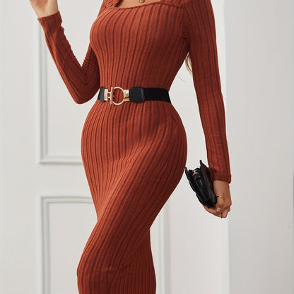 Ribbed Squared Neck Dress, Casual Long Sleeve Bodycon Dress, Women's Clothing