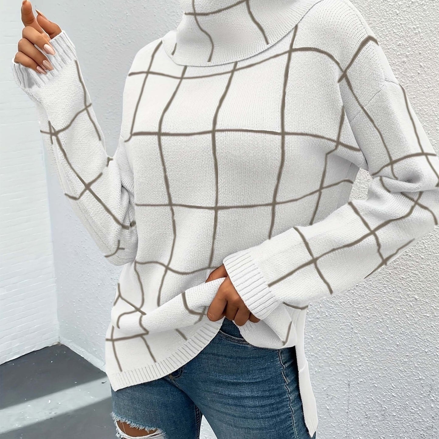 Plaid Pattern Turtleneck Knitted Pullover Top, Casual Long Sleeve Sweater For Fall & Winter, Women's Clothing