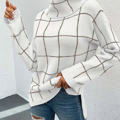 Plaid Pattern Turtleneck Knitted Pullover Top, Casual Long Sleeve Sweater For Fall & Winter, Women's Clothing