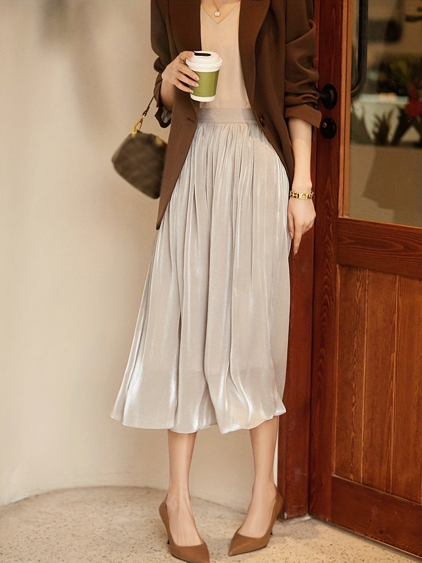 gbolsos  High Waist Pleated Skirts, Elegant Solid Comfy Summer Skirts, Women's Clothing