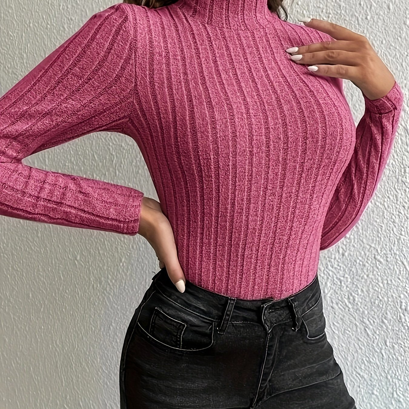 gbolsos  Solid Turtleneck Knit Top, Elegant Slim Long Sleeve Sweater For Spring & Fall, Women's Clothing