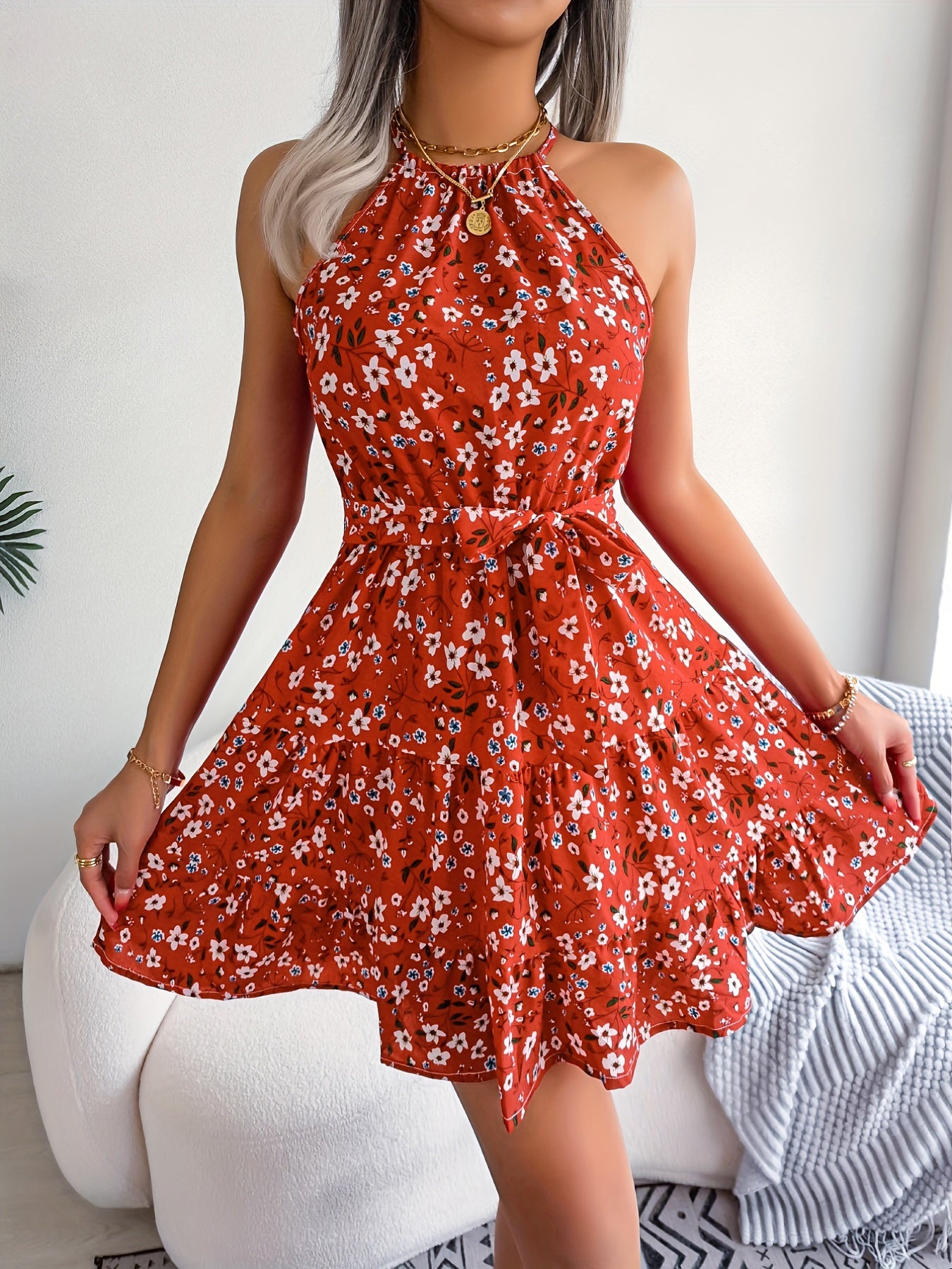 Floral Print Belted Beach Dress, Sleeveless Casual Vacation Dress For Summer & Spring, Women's Clothing