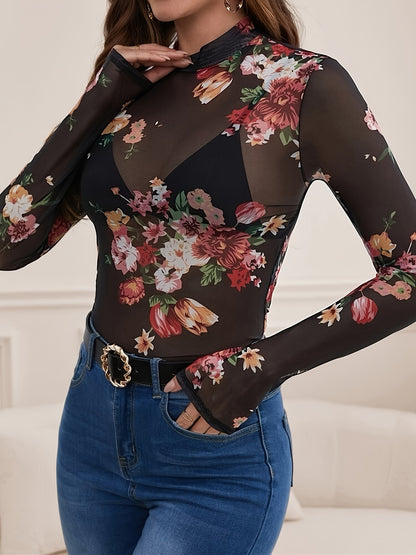 Floral Pattern Mesh Mock Neck T-Shirt, Casual Long Sleeve Top For Spring & Fall, Women's Clothing