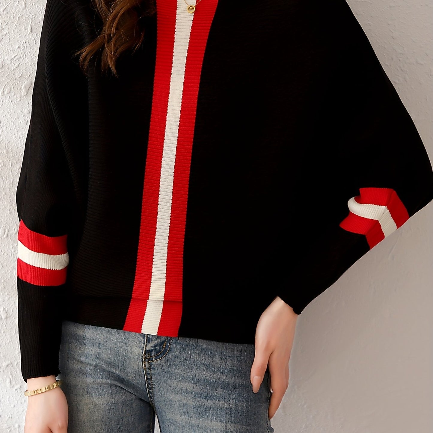 Color Block Boat Neck Knit Sweater, Elegant Long Sleeve Sweater, Women's Clothing