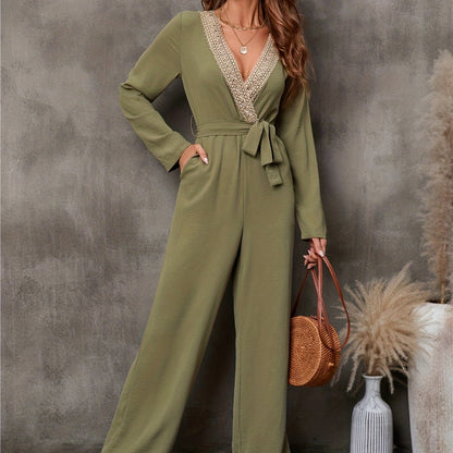 gbolsos  Contrast Lace V Neck Straight Leg Jumpsuit, Casual Long Sleeve Belted Jumpsuit For Spring & Fall, Women's Clothing