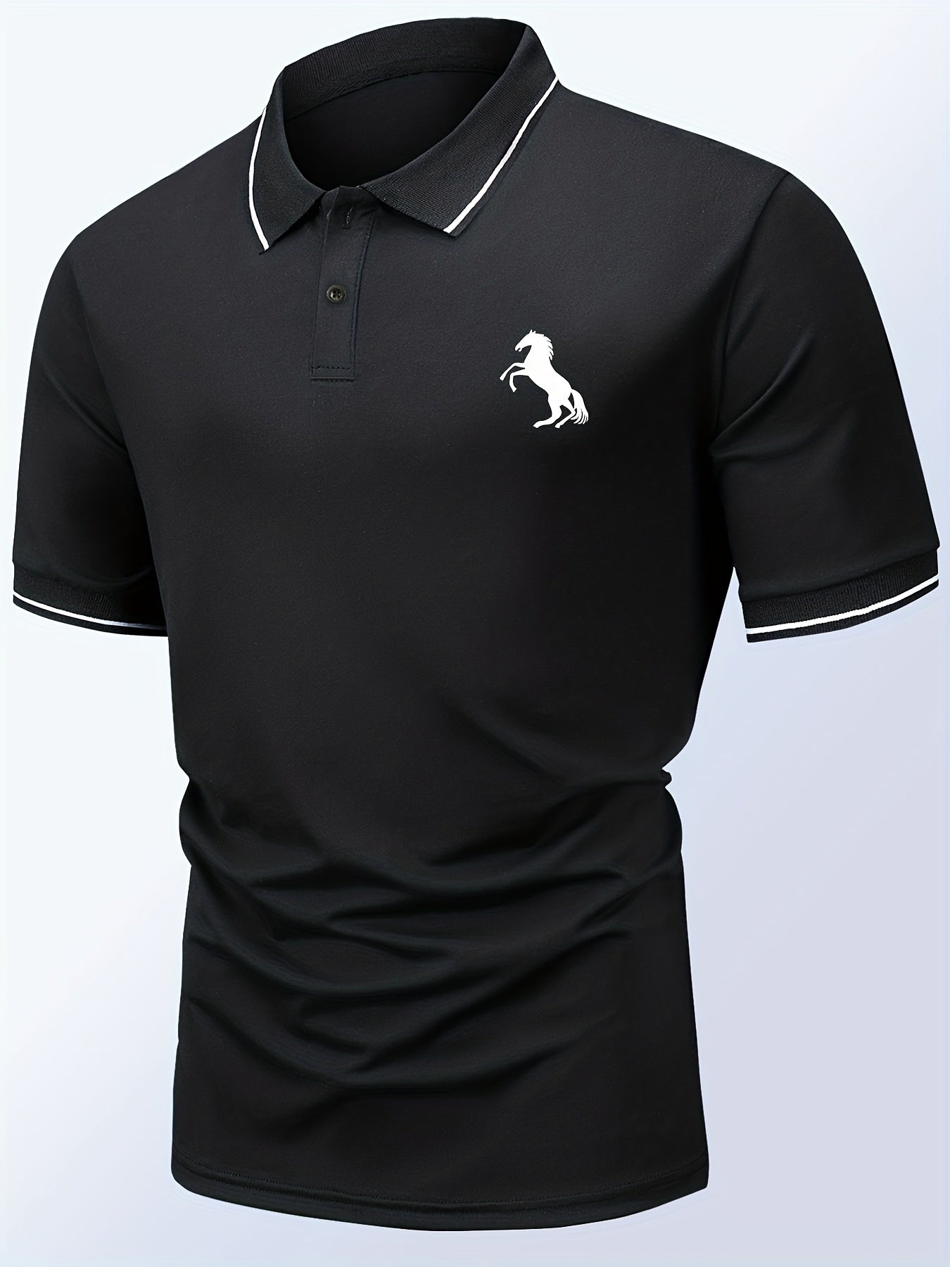 Horse Pattern Casual Slightly Stretch Button Front Short Sleeve Polo Shirt, Men's Clothes For Summer