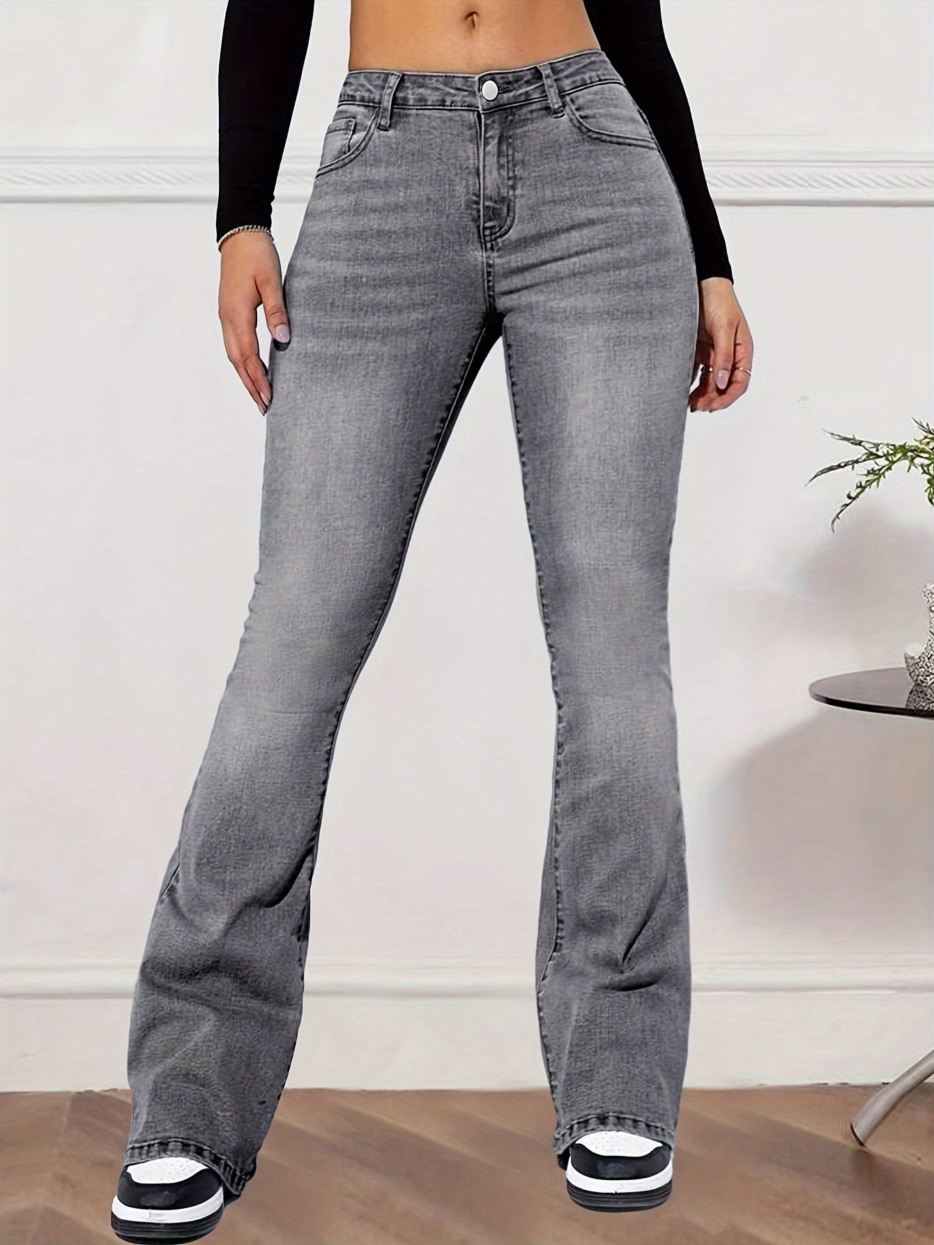 High Waist Stretchy Bootcut Jeans, Comfortable Slant Pocket Slimming Retro Denim Pants, Women's Denim Jeans & Clothing