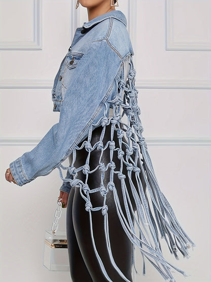 gbolsos  Back Woven Mesh Tassel Hem Denim Jacket, Hollow Out Knotted Cropped Denim Coats, Women's Denim Jackets & Clothing