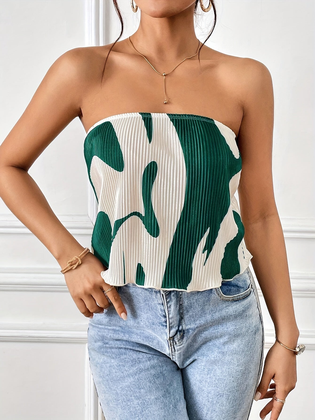 gbolsos  Abstract Print Pleated Tube Top, Sexy Off Shoulder Lettuce Trim Tube Top, Women's Clothing