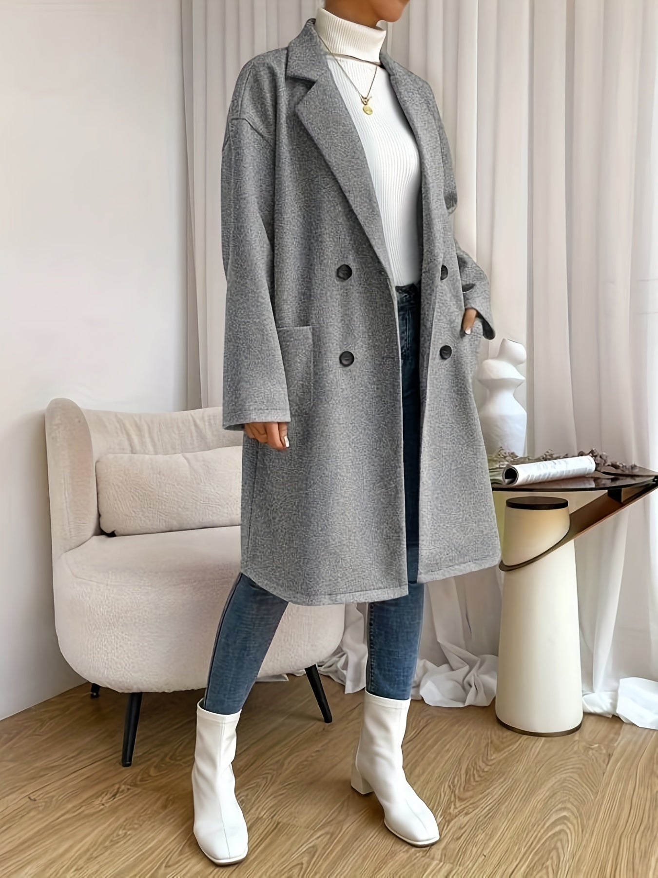 gbolsos  Double Breasted Lapel Overcoat, Casual Long Sleeve Pockets Overcoat For Fall & Winter, Women's Clothing