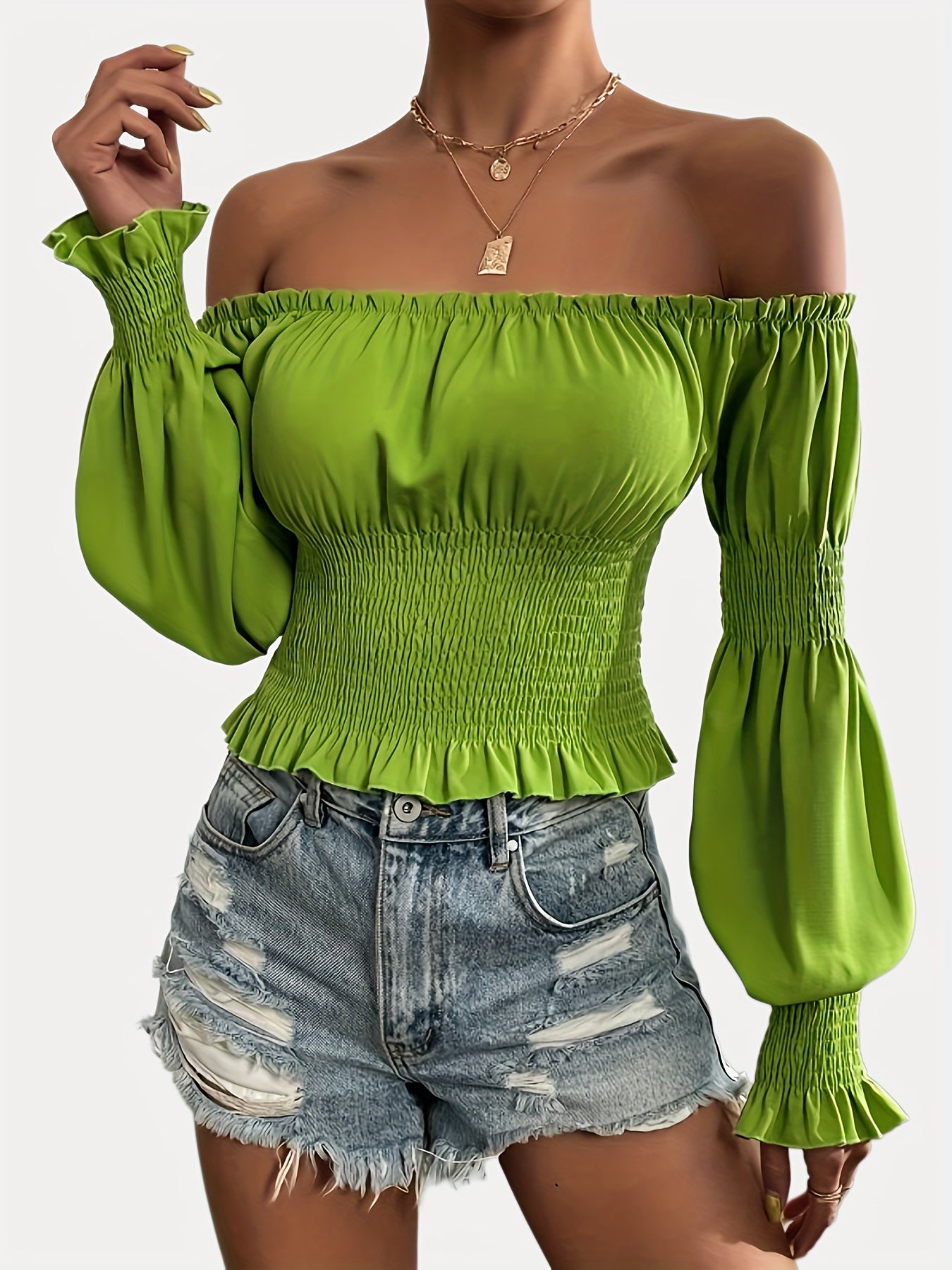 gbolsos  Lettuce Trim Off Shoulder Blouse, Sexy Solid Puff Sleeve Shirred Blouse, Women's Clothing