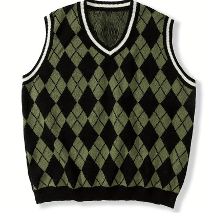 gbolsos  Men's Plus Size Argyle V-neck Sweater Vest, Sleeveless Pullover Knit Tops For Spring/autumn