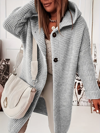 gbolsos  Button Front Hooded Knit Cardigan, Casual Long Sleeve Simple Sweater, Women's Clothing