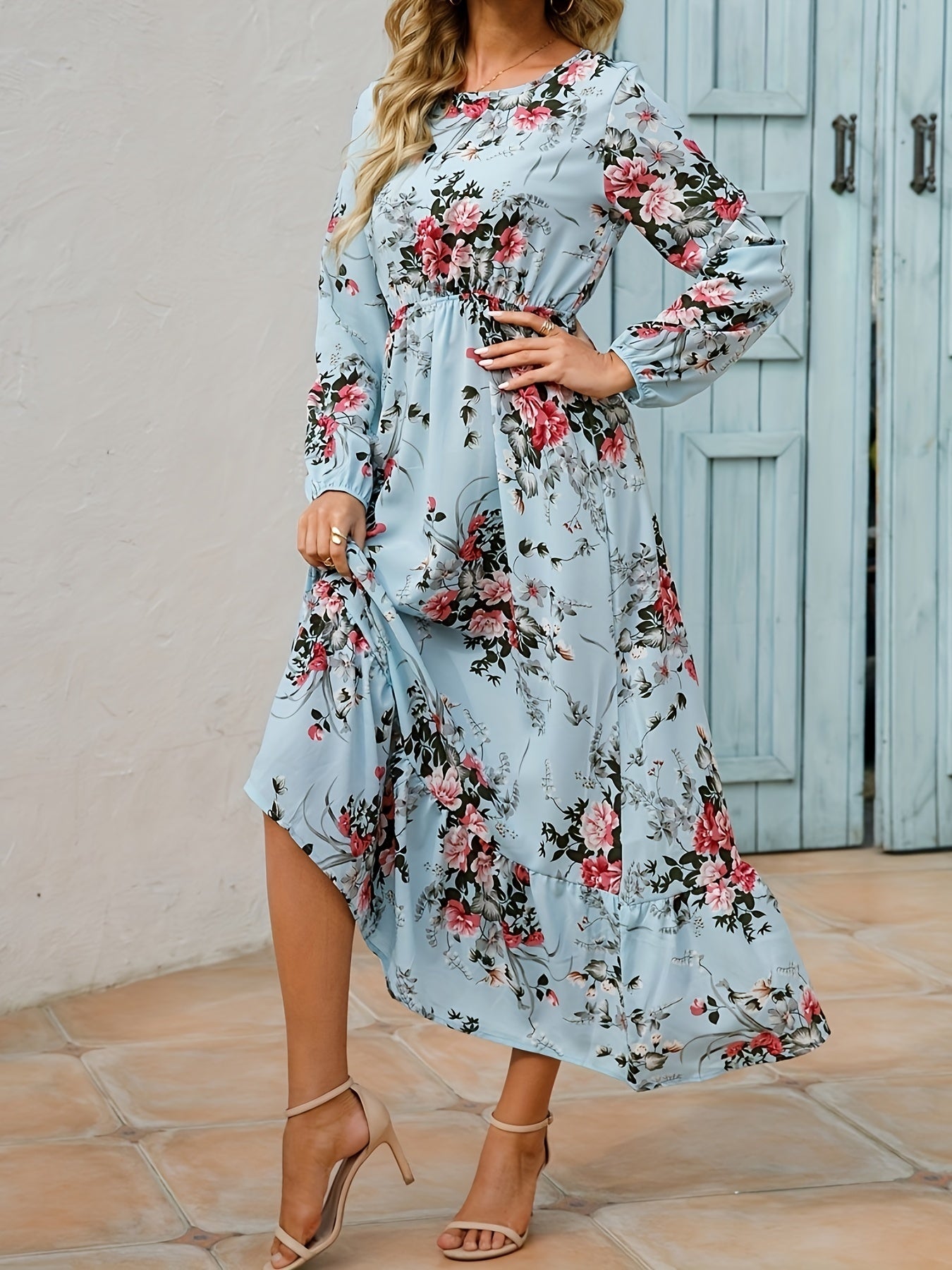 gbolsos  Floral Print Long Sleeve Tiered Dress, Crew Neck Vacation Casual Dress, Women's Clothing