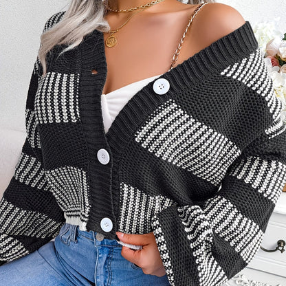 gbolsos  Chunky Knit V Neck Button Down Long Lantern Sleeve Cardigan, Casual Open Front Autumn Comfy Sweater, Women's Clothing