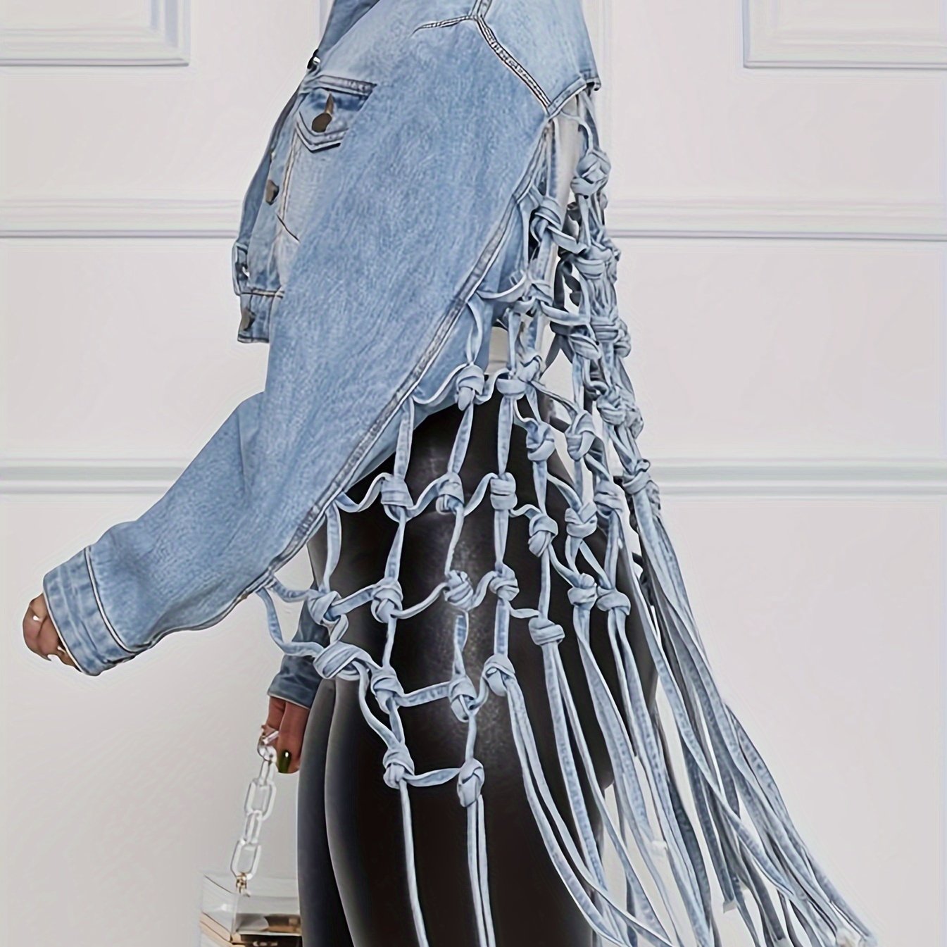 gbolsos  Back Woven Mesh Tassel Hem Denim Jacket, Hollow Out Knotted Cropped Denim Coats, Women's Denim Jackets & Clothing