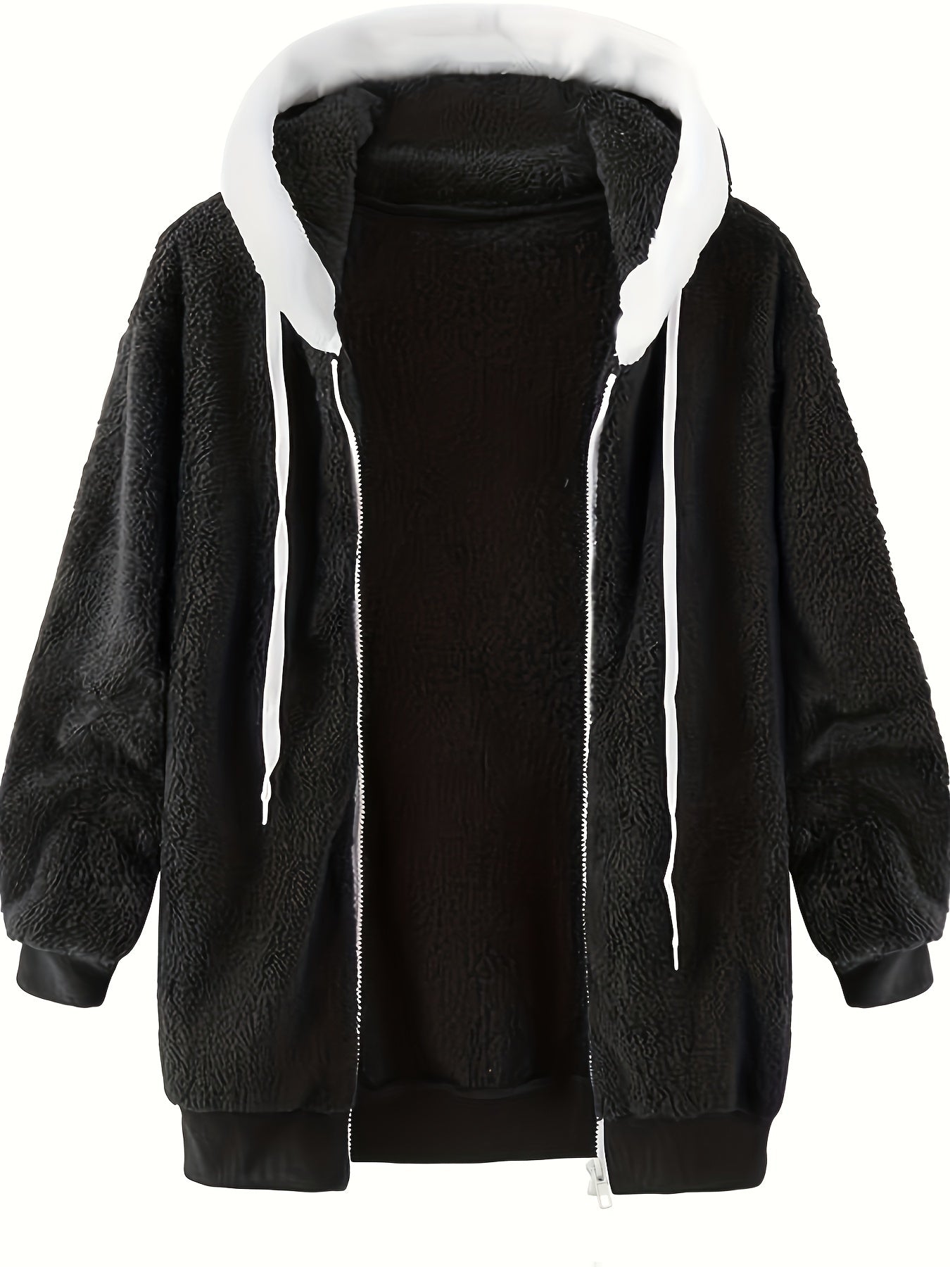 Zip-up Plush Hoodie, Casual Long Sleeve Drawstring Hoodie Coat, Women's Clothing