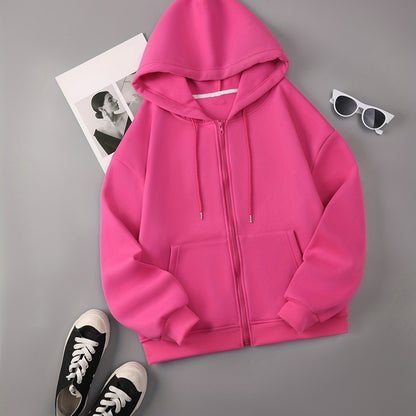 Zip Up Drawstring Hoodie, Pocket Casual Hooded Sweatshirt For Winter & Fall, Women's Clothing