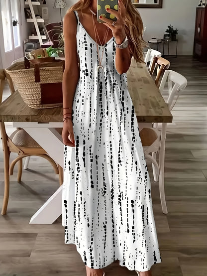 Abstract Print Spaghetti Strap Dress, Casual V Neck Maxi Dress, Women's Clothing