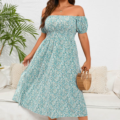 gbolsos  Plus Size Elegant Dress, Women's Plus Ditsy Floral Print Off Shoulder Shirred Nipped Waist Dress