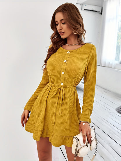 Ruffle Hem Button Front Dress, Casual Long Sleeve Crew Neck Drawstring Dress, Women's Clothing