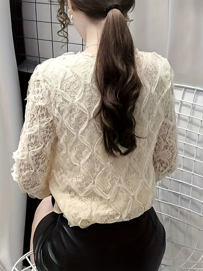 Lace V Neck Button Front Blouse, Elegant Long Sleeve Blouse For Spring & Fall, Women's Clothing