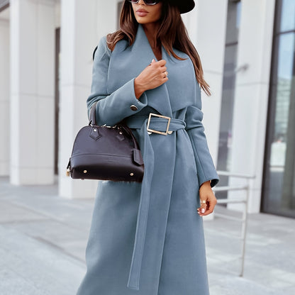 gbolsos  Elegant Lapel Belt Long Coat, Casual Long Sleeve V-neck Fashion Loose Fall Winter Long Outerwear, Women's Clothing