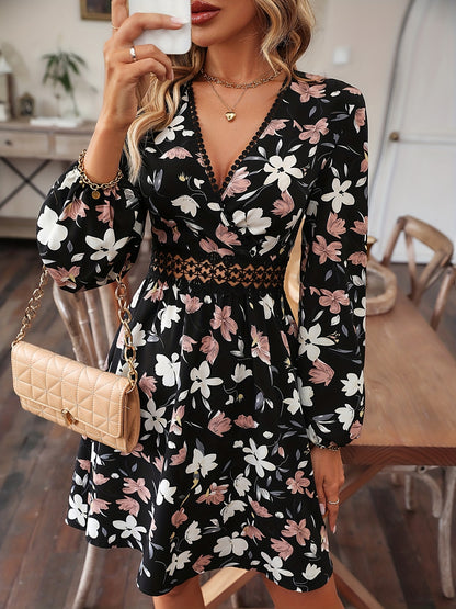 gbolsos  Floral Print Surplice Neck Dress, Elegant Long Sleeve A Line Dress, Women's Clothing