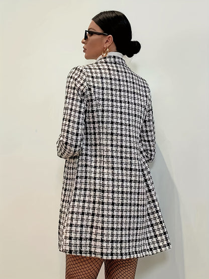 Houndstooth Print Double Breasted Coat, Elegant Long Sleeve Lapel Blazer, Women's Clothing