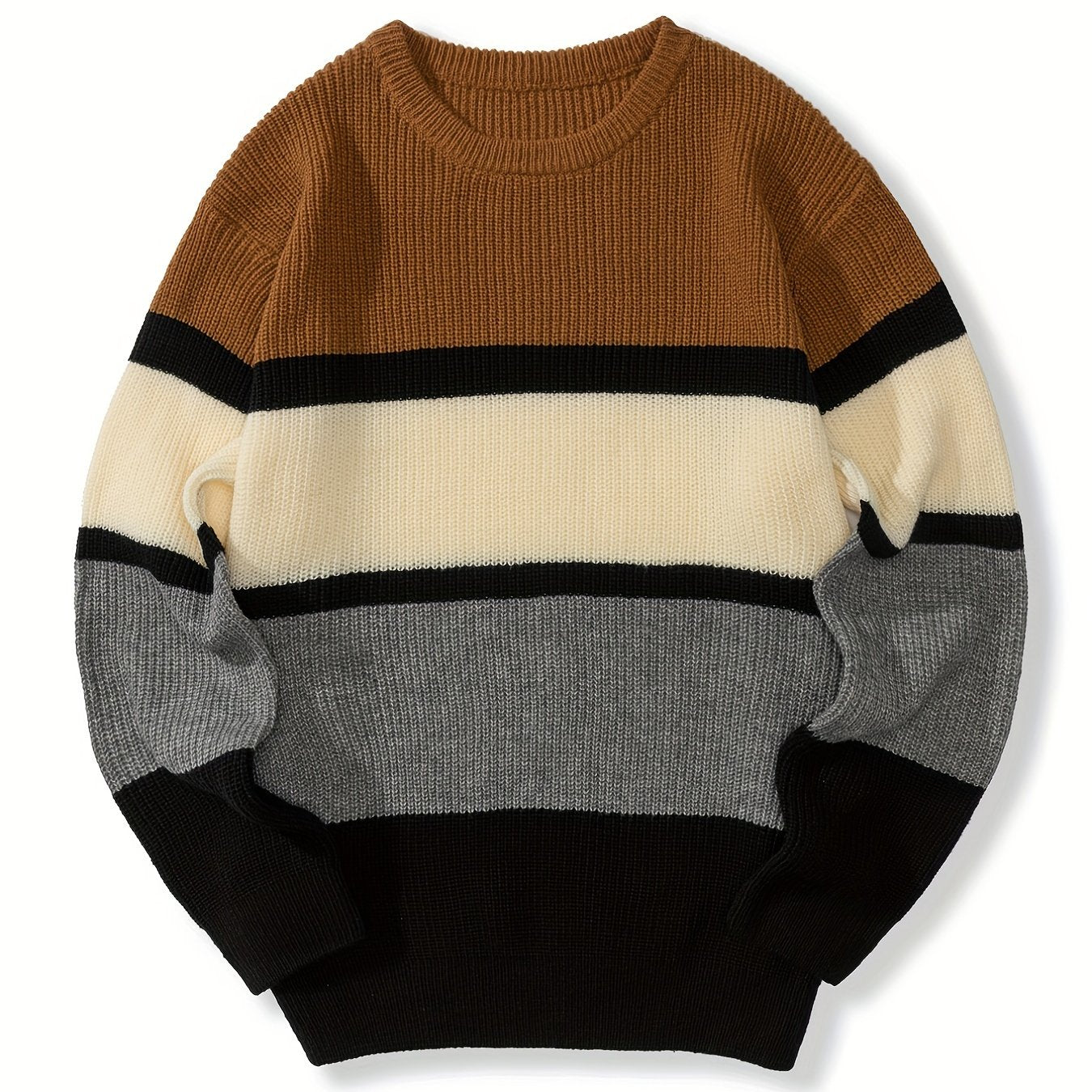 gbolsos  Plus Size Men's Fashion Stitching Color Stripe Sweater For Spring/autumn/winter, Long-sleeved Knit Pullover Sweater