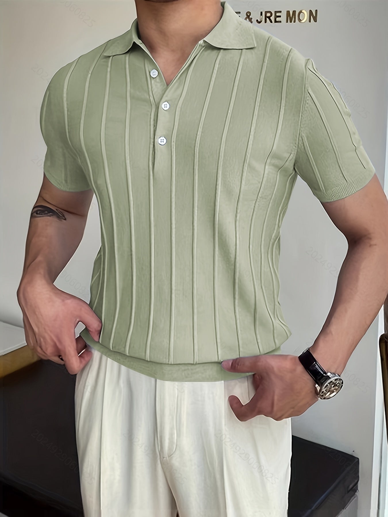 gbolsos  Vertical Striped Chic Polo Shirt, Men's Casual Solid Color High Stretch V-Neck Pullover Sweater For Summer