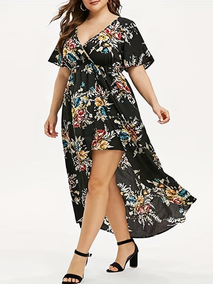 Plus Size Elegant Dress, Women's Plus Floral Print Short Sleeve V Neck Layered Hem Dress