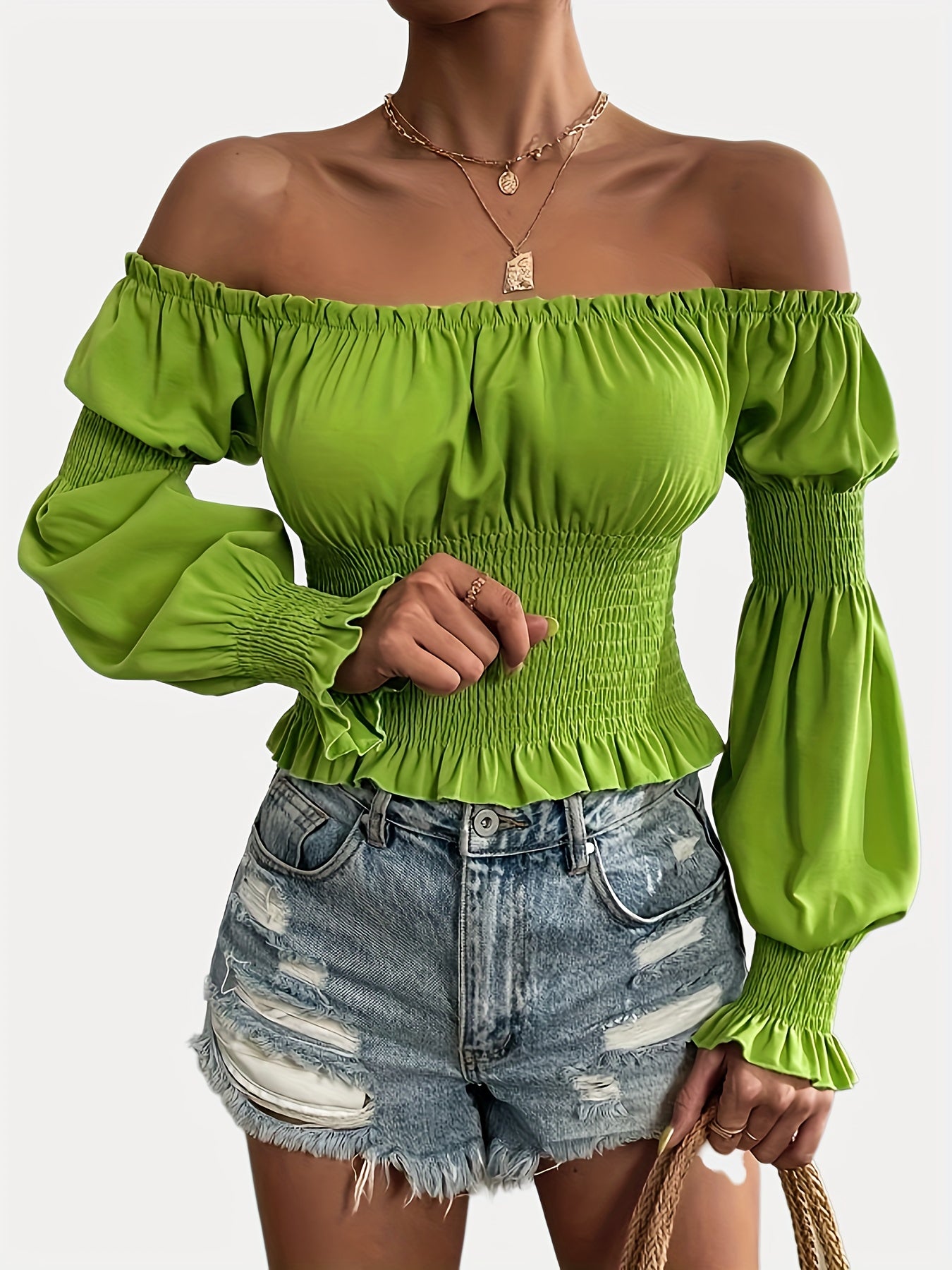 gbolsos  Lettuce Trim Off Shoulder Blouse, Sexy Solid Puff Sleeve Shirred Blouse, Women's Clothing