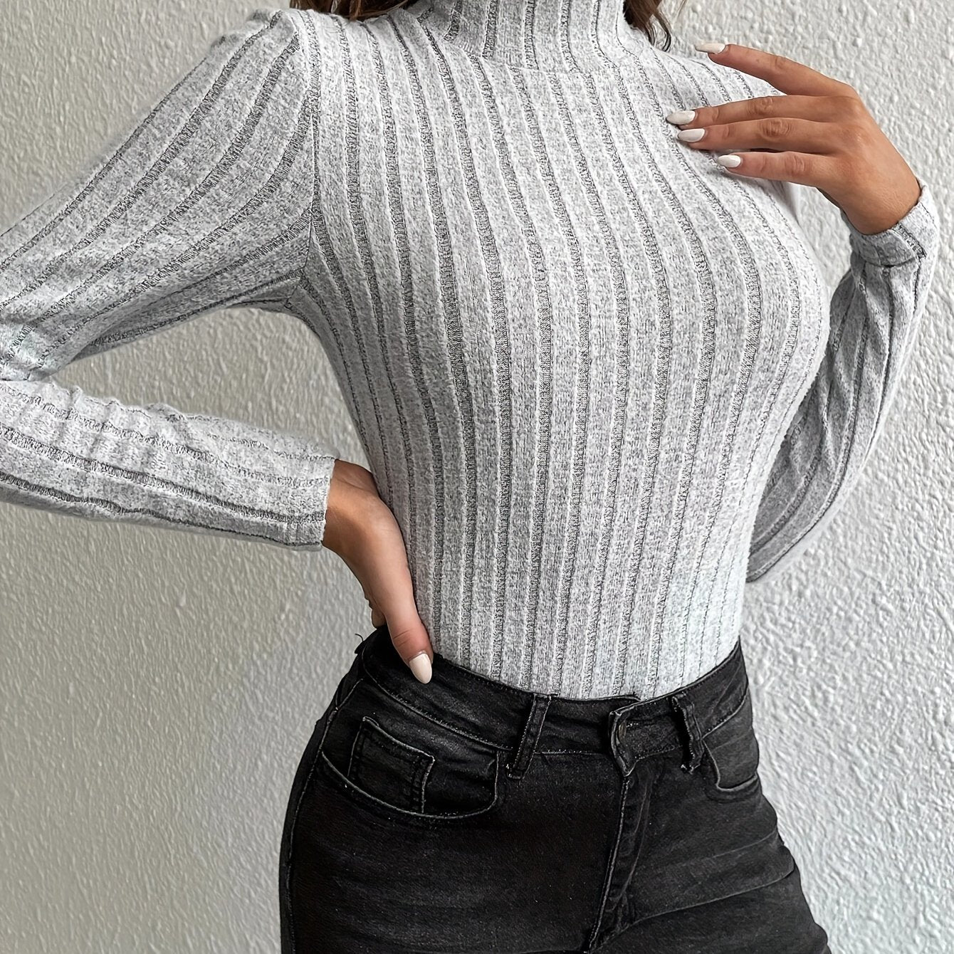 gbolsos  Solid Turtleneck Knit Top, Elegant Slim Long Sleeve Sweater For Spring & Fall, Women's Clothing