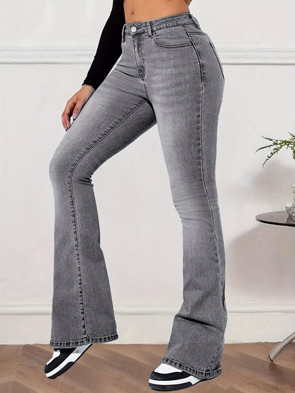 High Waist Stretchy Bootcut Jeans, Comfortable Slant Pocket Slimming Retro Denim Pants, Women's Denim Jeans & Clothing