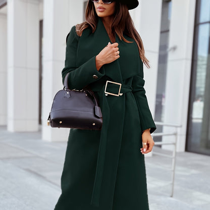 gbolsos  Elegant Lapel Belt Long Coat, Casual Long Sleeve V-neck Fashion Loose Fall Winter Long Outerwear, Women's Clothing